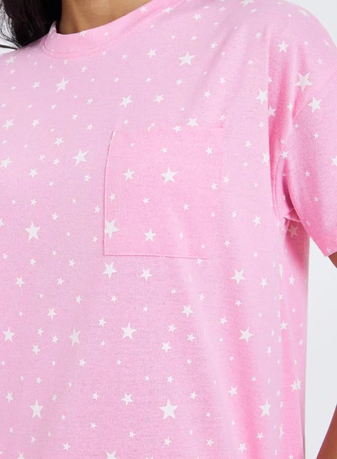 Styli Star Print Round Neck T-Shirt and Pyjama Set